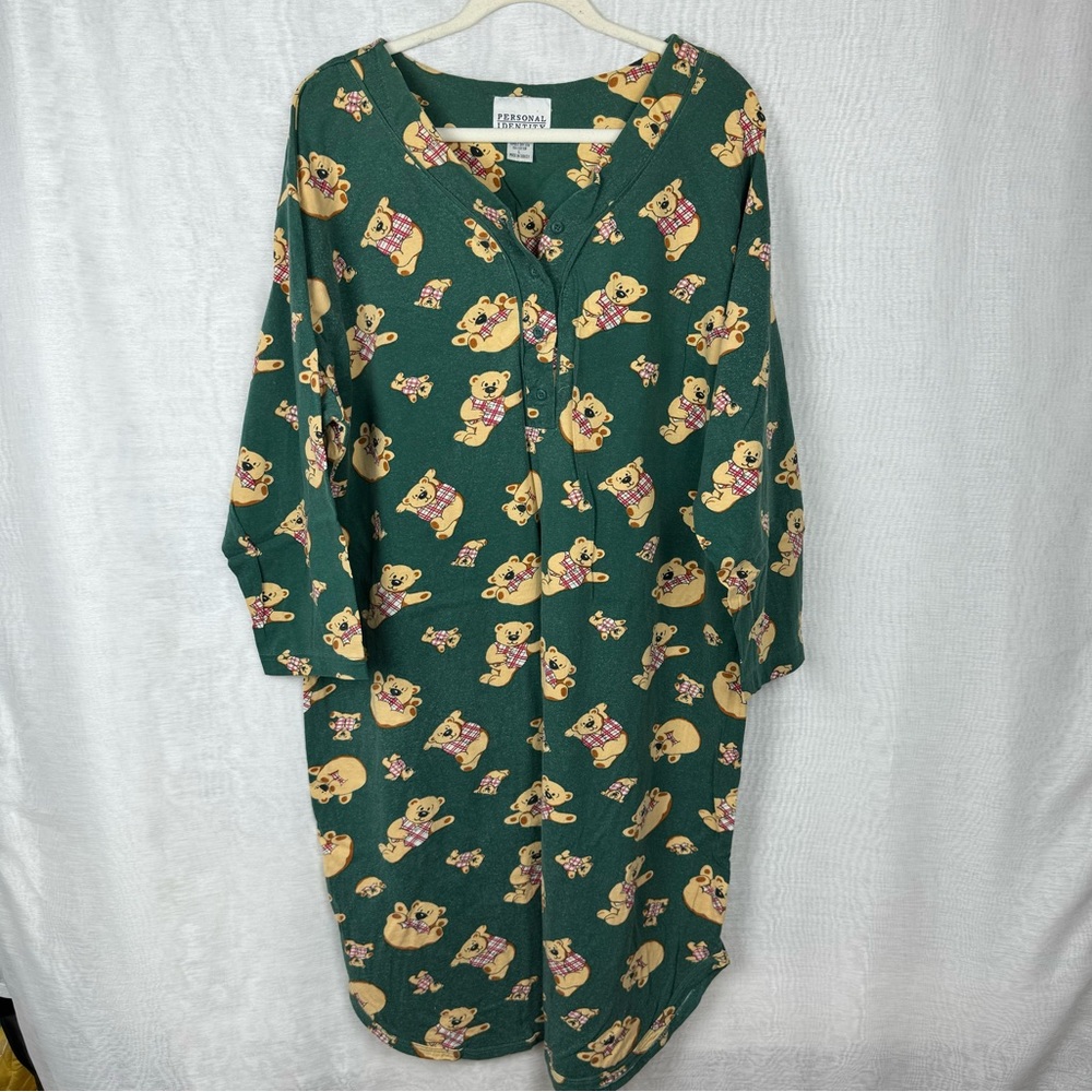 Personal Identity Large Women's Long Sleeve Night Gown Green Teddy Bear